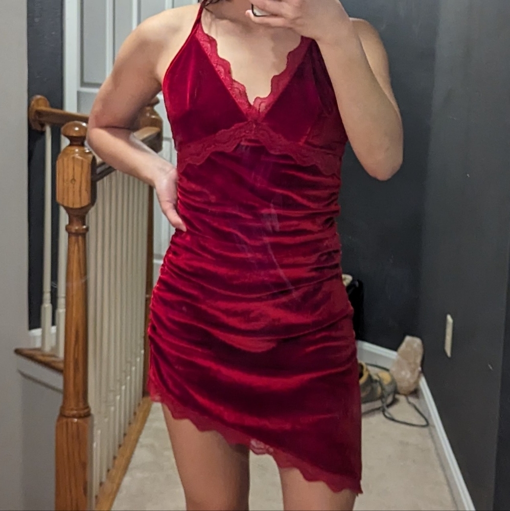 Red Velvet Lace Trim Mini Dress